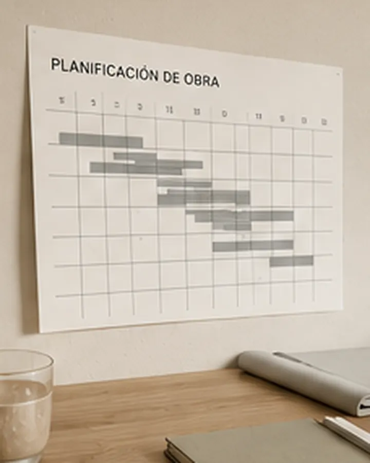 Calendario de planificación de obra colgado en la pared