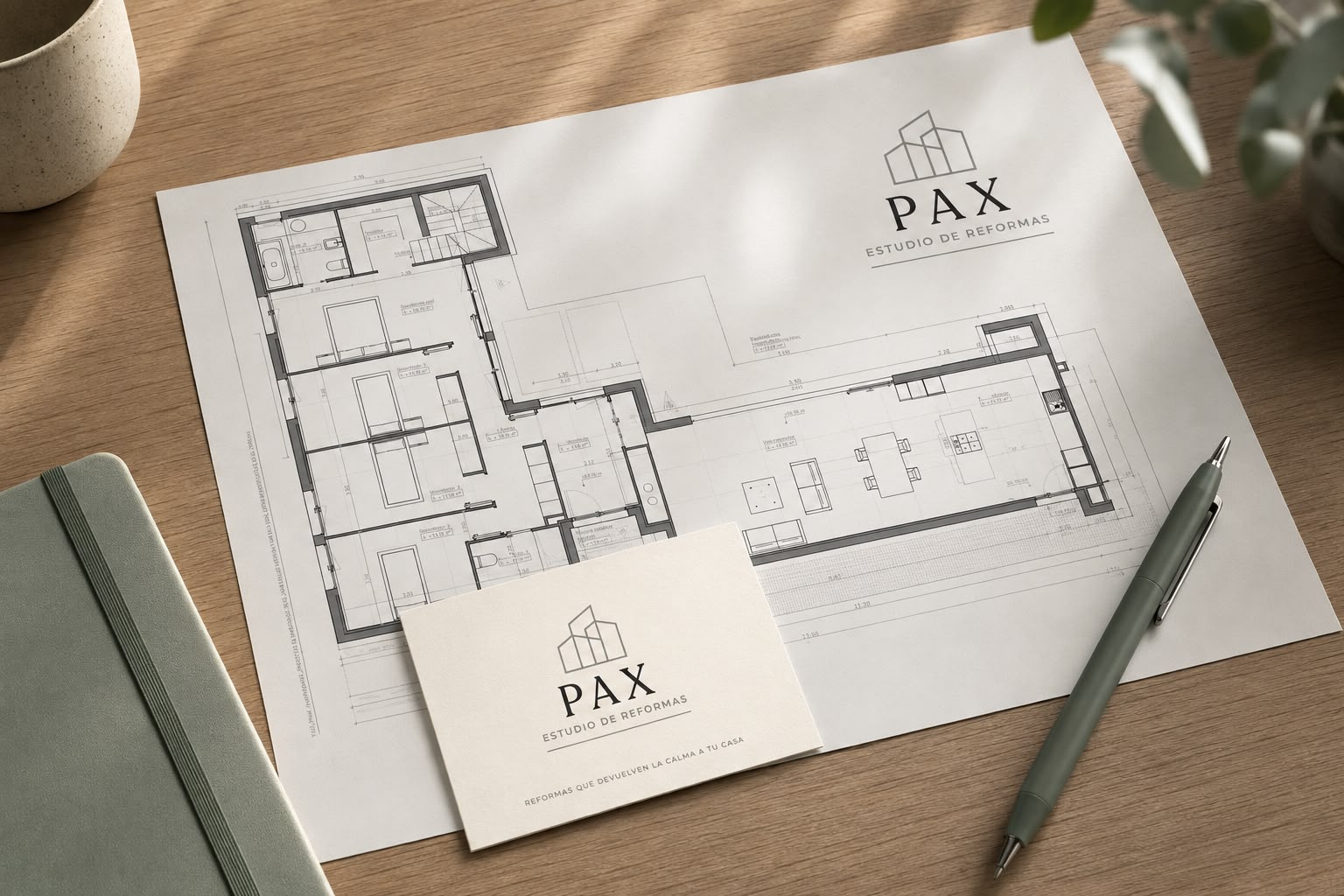 Plano de reforma sobre mesa de trabajo junto al logo de PAX Estudio de Reformas